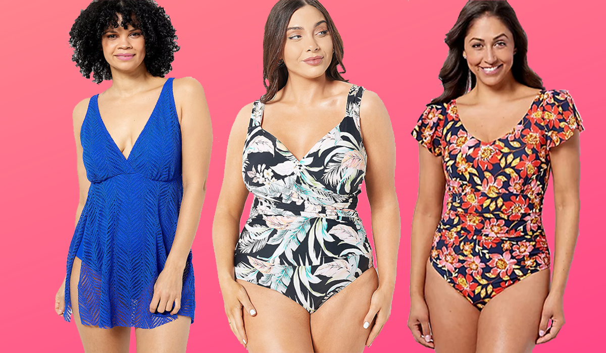 Three models wearing different types of size-inclusive swimwear from QVC