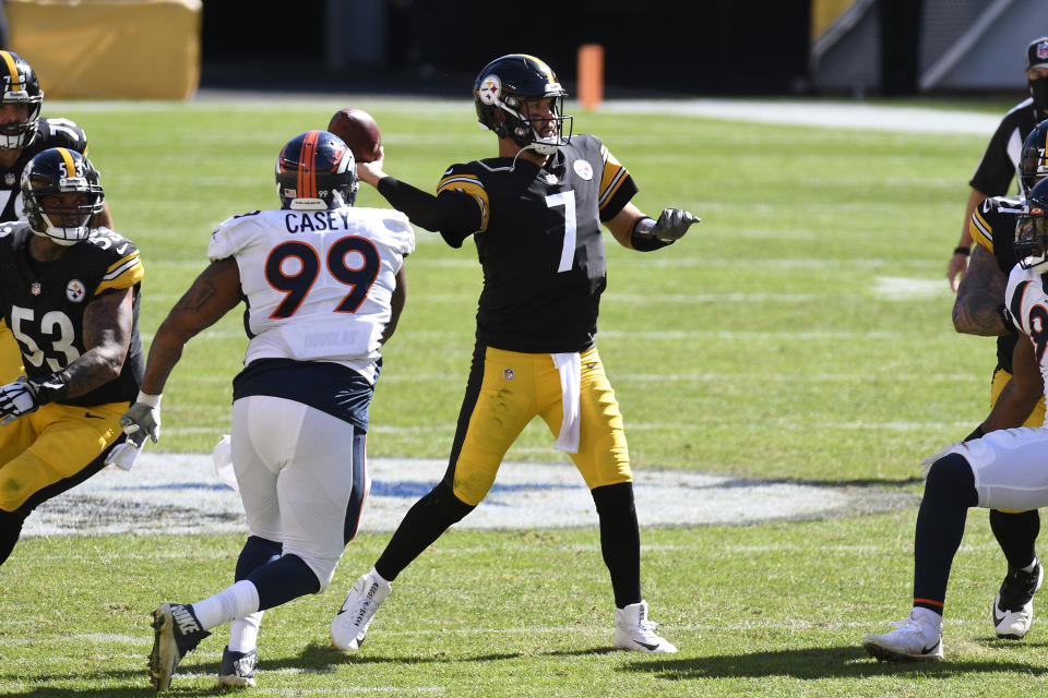 Pittsburgh Steelers quarterback Ben Roethlisberger (7) gets off a pass under pressure from Denver Broncos defensive end Jurrell Casey (99) during the second half of an NFL football game in Pittsburgh, Sunday, Sept. 20, 2020. (AP Photo/Don Wright)