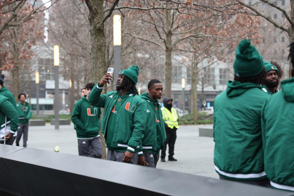 Rutgers football and the Miami Hurricanes visit One World Observatory and then visited the 9/11 Memorial and Museum. Photos via the New York Yankees and the Bay Boy Mowers Pinstripe Bowl.