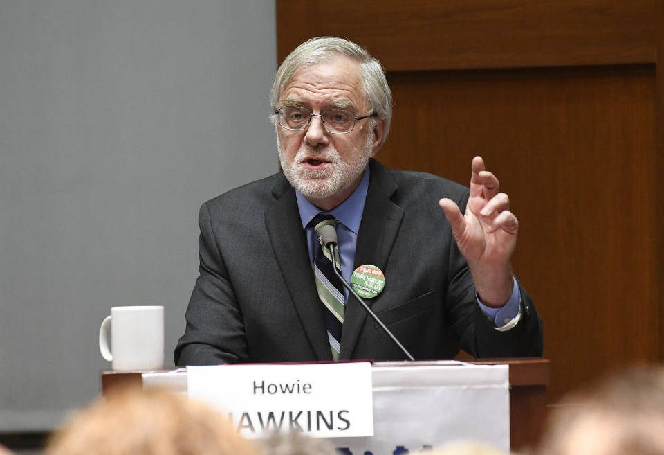 FILE - In this Nov. 1, 2018 file photo, Green Party gubernatorial candidate, Howie Hawkins, takes part in a debate sponsored by the League of Women Voters at The College of Saint Rose in Albany, N.Y. The state Supreme Court ruled Thursday, Sept. 17, 2020, that Hawkins, the Green Party's candidate for president, did not strictly follow procedures for getting on Pennsylvania's ballot in the November election and cannot appear on it, delivering a win for Democrats as Joe Biden tries to capture the battleground state's electoral votes. (AP Photo/Hans Pennink, File)