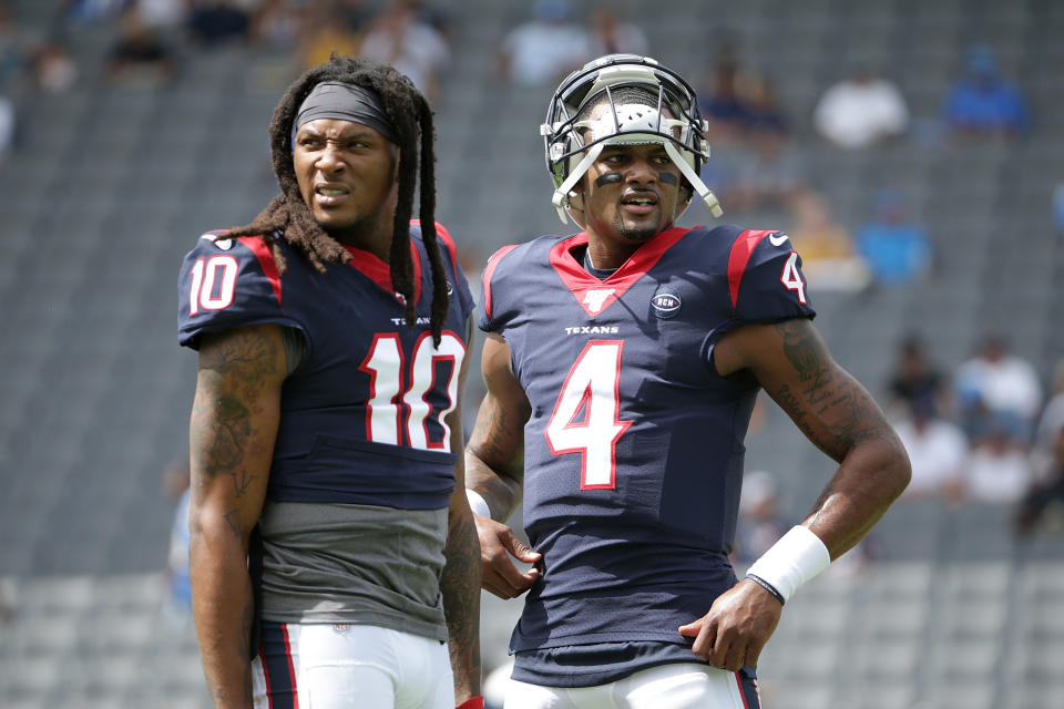 Top 2? One NFL player listed Houston Texans Deshaun Watson, right, and DeAndre Hopkins as the best in the league. (Jeff Gross/Getty Images)
