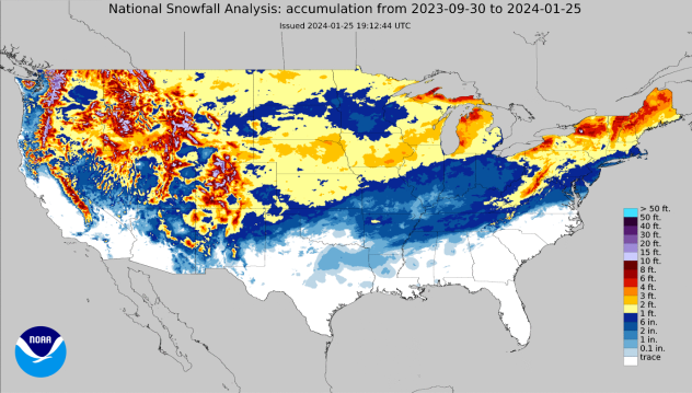 Map of measurable snowfall so far this season. (NOAA)
