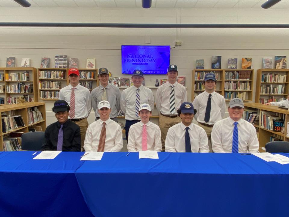 St. Xavier's spring 2022 signing class includes (from left, front row) Jay Farrar, Mt. Union football; Alex Kemper, Fordham football; Jared Littelman, Thomas More bowling; P.J. McColgan, Marquette lacrosse; Sam Reilly, Case Western Reserve football. From left, top row are Patrick Ahrens, Otterbein soccer, Zach Beard, Northern Kentucky University golf; Zach Dellerman, Clark State baseball; Thomas Ryan, Michigan State baseball; and Luke Vrsansky, Air Force Academy lacrosse.