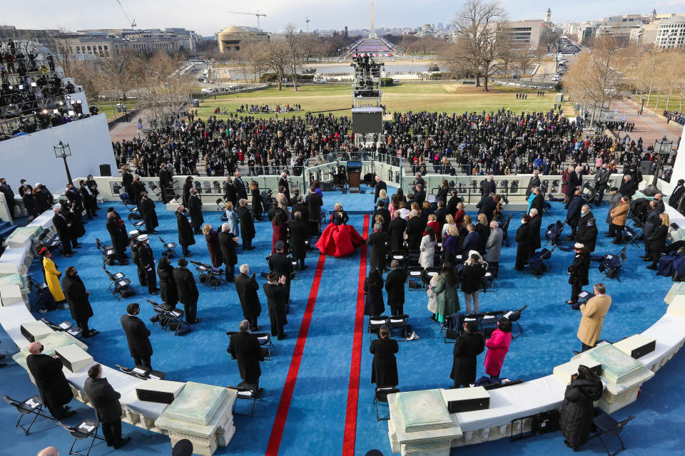 Lady Gaga exits the stage during the Inauguration Day ceremony of President-Elect Joe Biden and Vice President-Elect Kamala Harris held at the U.S. Capitol Building in Washington, D.C. Source: AAP