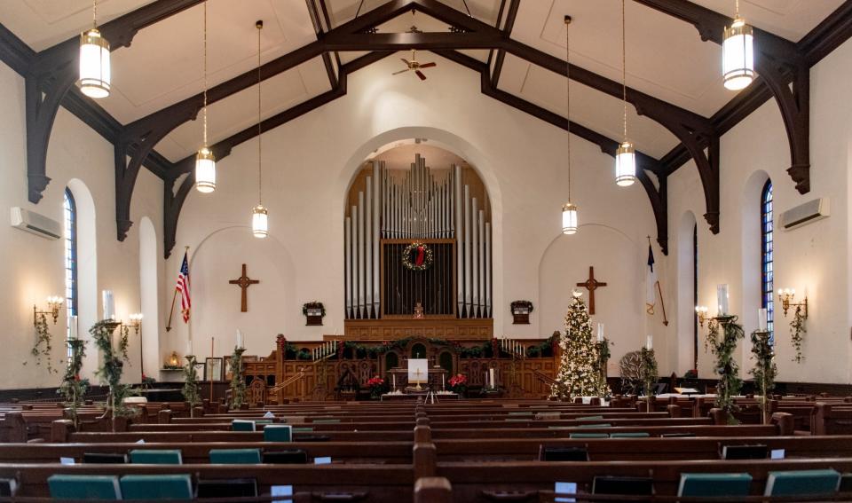 The sanctuary of the Bellefonte First Presbyterian Church is shown in the sanctuary of the Bellefonte First Presbyterian Church on Dec. 22. 2021 in Bellefonte, Pa. The church which is nearly as old as the borough itself, held the final scheduled service on Christmas Eve after having welcomed generations of families over the course of more than two centuries. (Abby Drey/Centre Daily Times via AP)