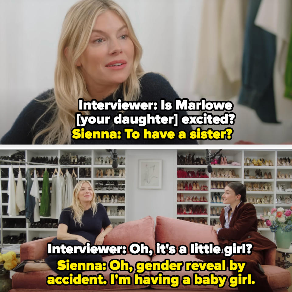 sienna sitting with the interviewer on a couch saying, oh gender reveal by accident, i'm having a baby girl