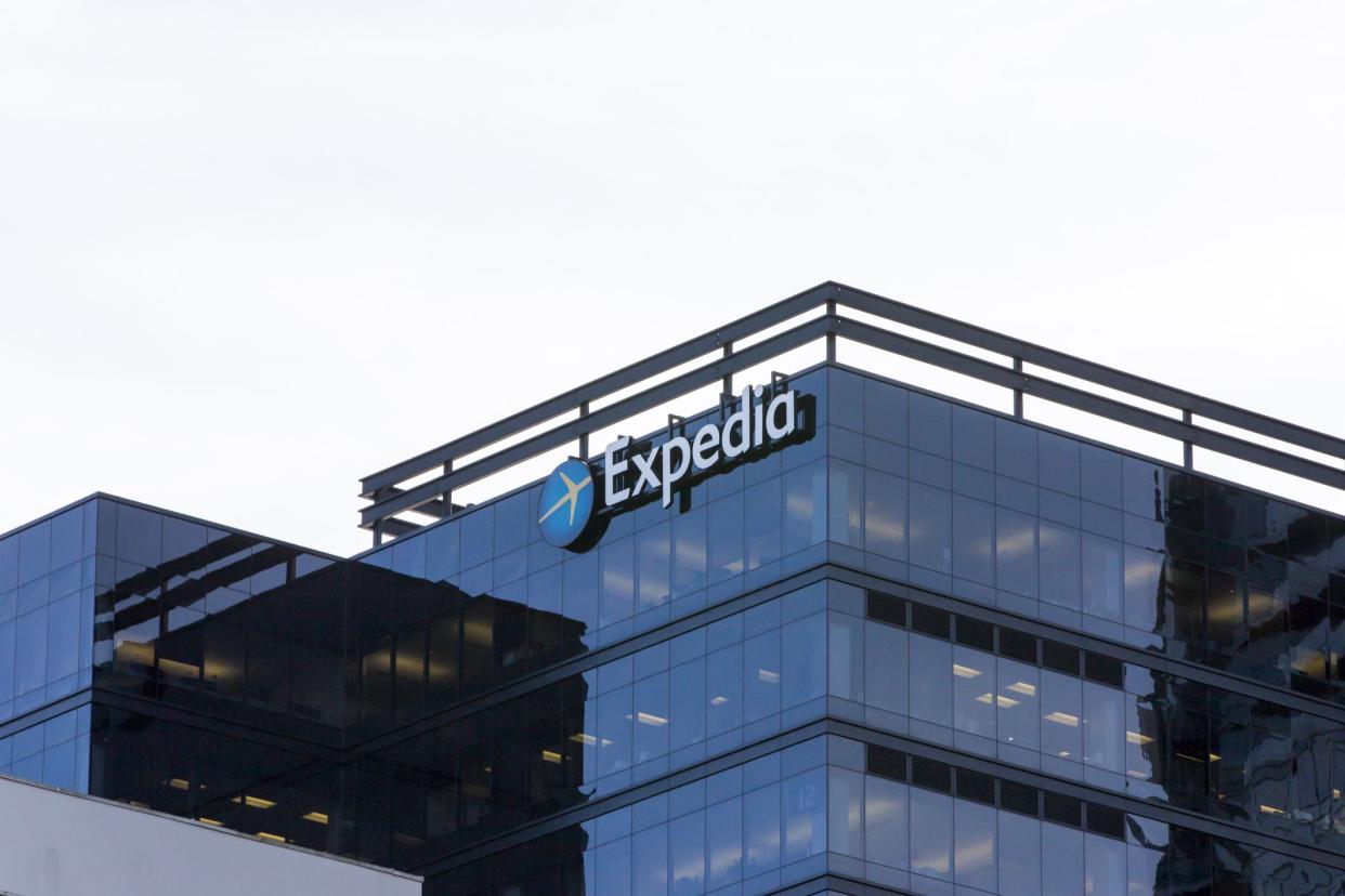 February 10, 2018 - Bellevue, WA, USA: An Expedia sign can be seen on top of a building on a sunny day