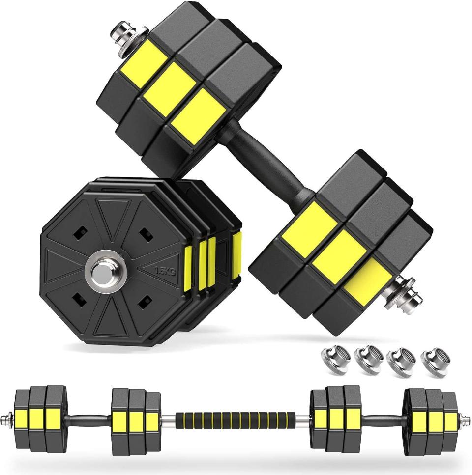 <p>You could get a bunch of different-size weights, or you could splurge on this <span>Panmax Adjustable Dumbbells Barbell Set of 2</span> ($88, originally $140).</p>