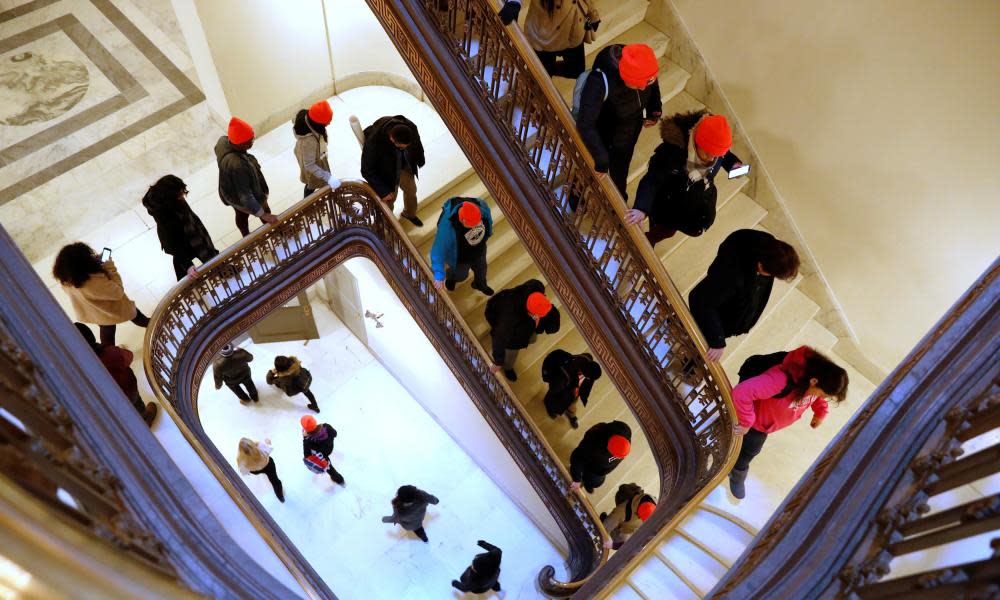 Demonstrators calling for new protections for Dreamers walk through a Senate office building on Capitol Hill in Washington DC Wednesday.