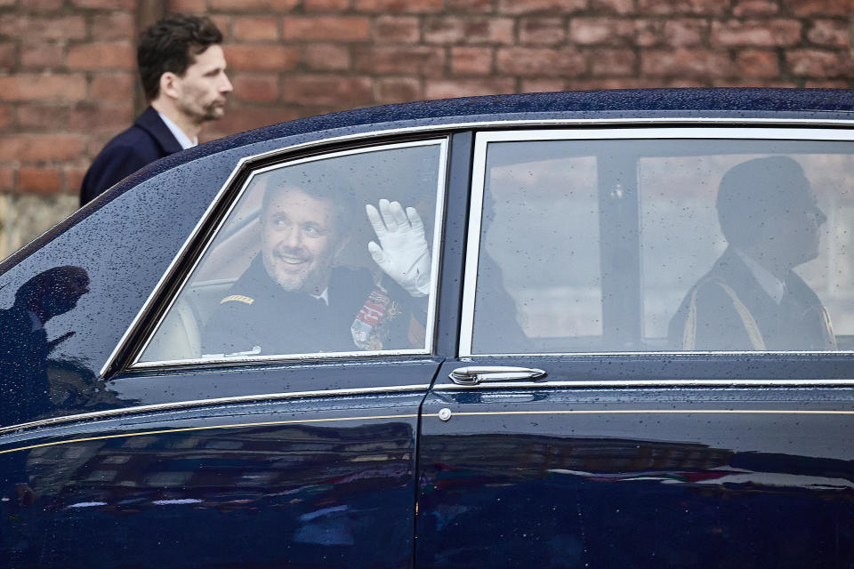 Denmark's King Frederik X greets the crowd after a service on the occasion of the change of throne in Denmark, in Aarhus Cathedral, Aarhus, Denmark, Sunday Jan. 21, 2024. Its the first public appearance in Jutland by Denmark's new King and Queen since the change of throne last Sunday. (Mikkel Berg Pederson/Ritzau Scanpix via AP)