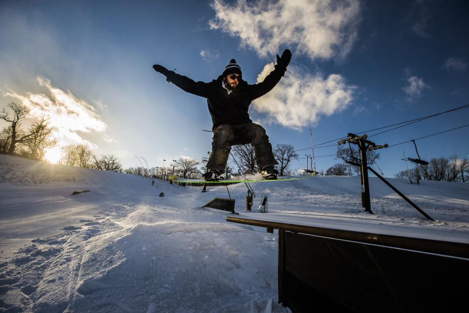 Rich Villalobos, 27, snowboards at Sleepy Hollow.