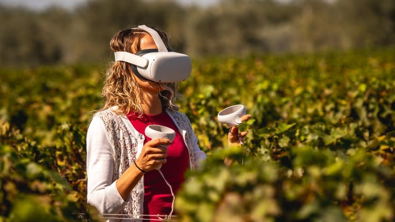 woman in vineyard with VR visor