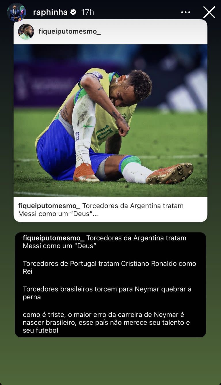 Posteo de Raphinha en Instagram, sobre las críticas en Brasil a Neymar