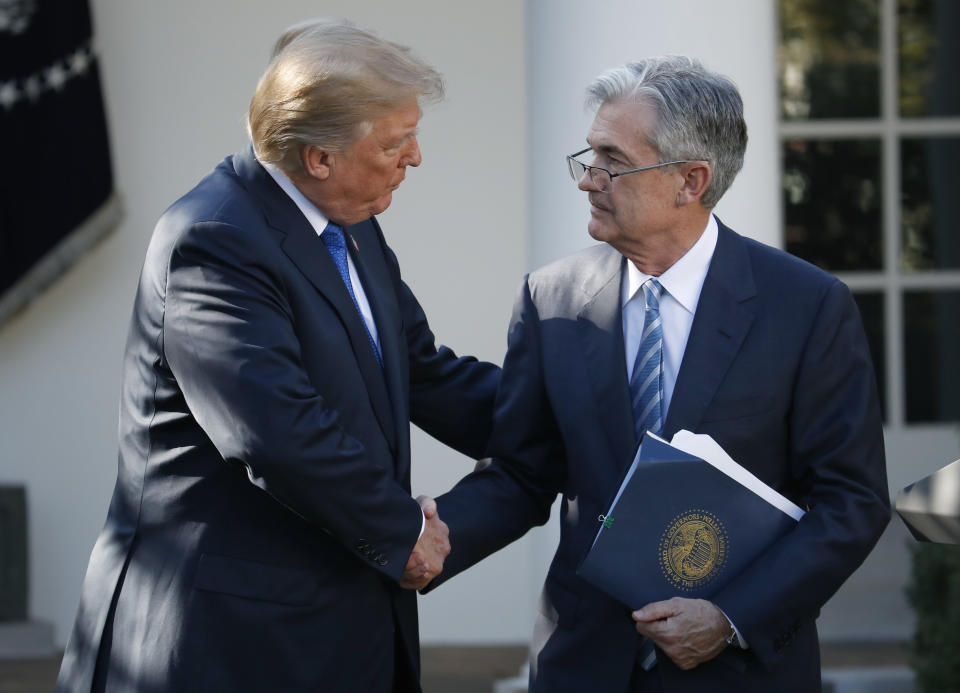In this Nov. 2, 2017, file photo, President Donald Trump shakes hands with Federal Reserve board member Jerome Powell after announcing him as his nominee for the next chair of the Federal Reserve, in the Rose Garden of the White House in Washington. (AP Photo/Alex Brandon)
