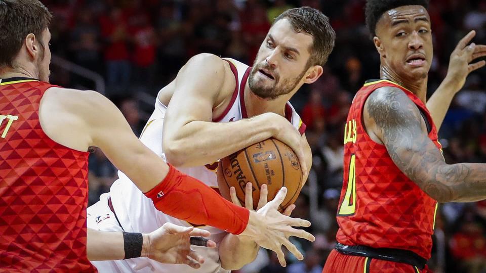 Mandatory Credit: Photo by Erik S Lesser/EPA-EFE/Shutterstock (9252997b)Kevin Love, Luke Babbitt and John CollinsCleveland Cavaliers at Atlanta Hawks, USA - 30 Nov 2017Cleveland Cavaliers forward Kevin Love (C) in action against Atlanta Hawks forward Luke Babbitt (L) and Hawks forward John Collins (R) during the first half of the NBA basketball game between the Cleveland Cavaliers and the Atlanta Hawks at Philips Arena in Atlanta, Georgia, USA, 30 November 2017.