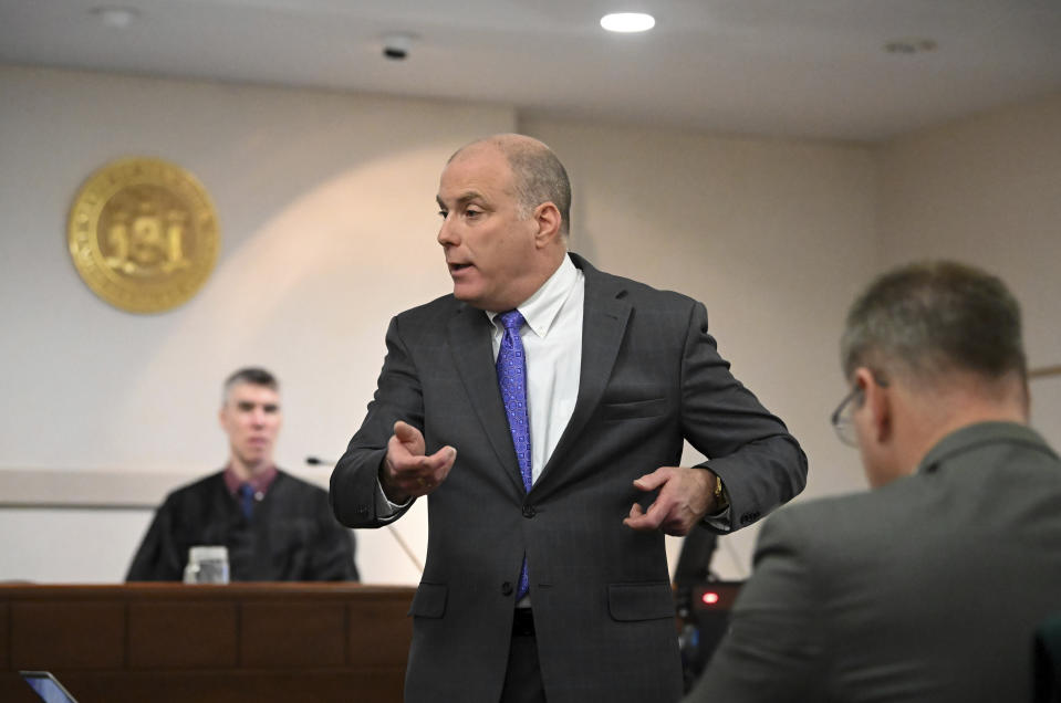Defense attorney Arthur Frost delivers opening statements in Kevin Monahan's murder trial, Thursday, Jan. 11, 2024, at the Washington County Courthouse in Fort Edward, N.Y. Monahan, 66, is accused of fatally shooting 20-year-old Kaylin Gillis on the night of April 15, 2023, after she and friends accidentally pulled into his driveway in rural Hebron. He is charged with second-degree murder, reckless endangerment and tampering with physical evidence. (Will Waldron/The Albany Times Union via AP, Pool)