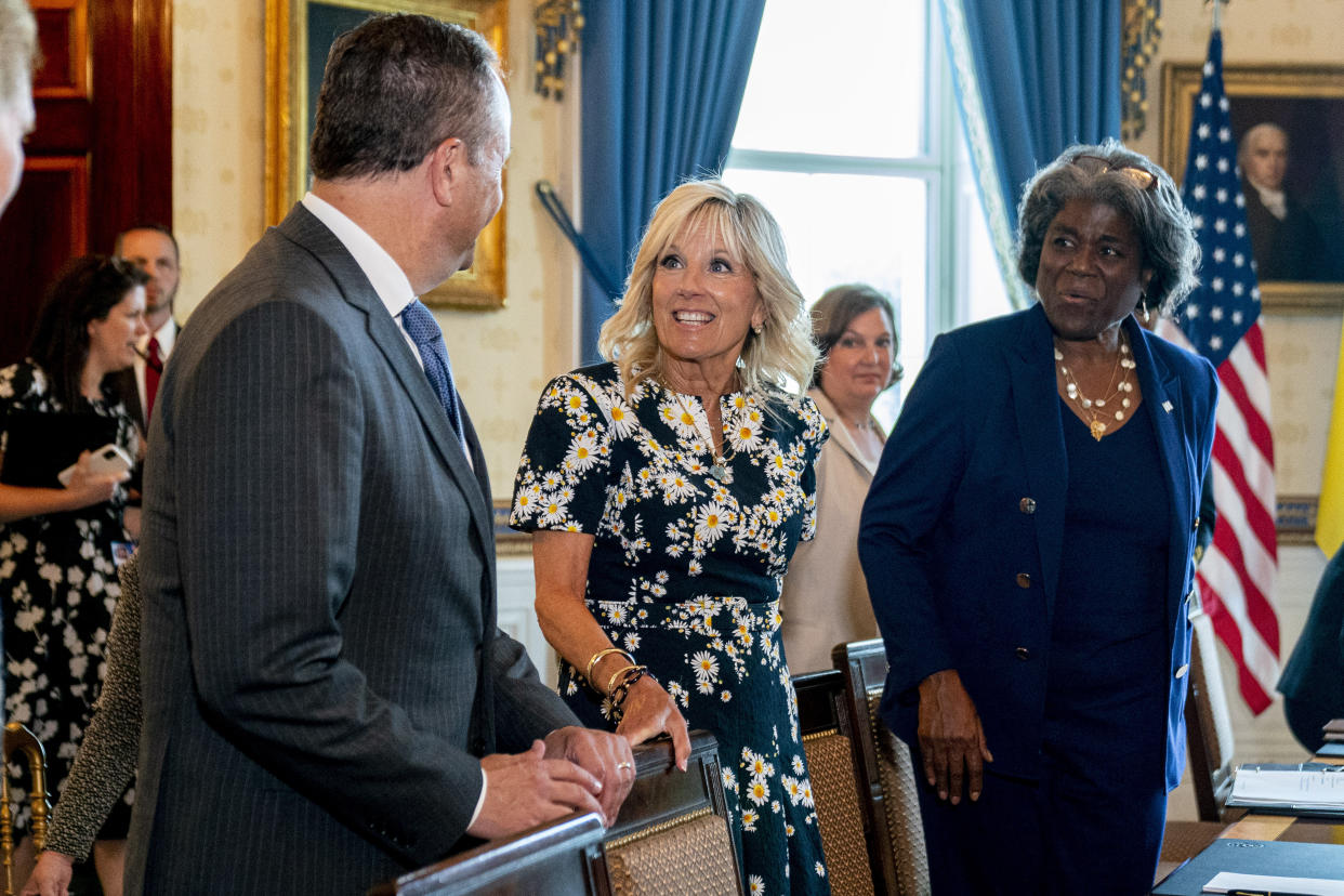 First lady Jill Biden, center, speaks with second gentleman Doug Emhoff, left, as they sit down for a meeting with Olena Zelenska, the first lady of Ukraine, in the Blue Room of the White House in Washington, Tuesday, July 19, 2022. Also pictured is U.S. Ambassador to the United Nations Linda Thomas-Greenfield, right, and Under Secretary of State for Political Affairs Toria Nuland, second from right. (AP Photo/Andrew Harnik)