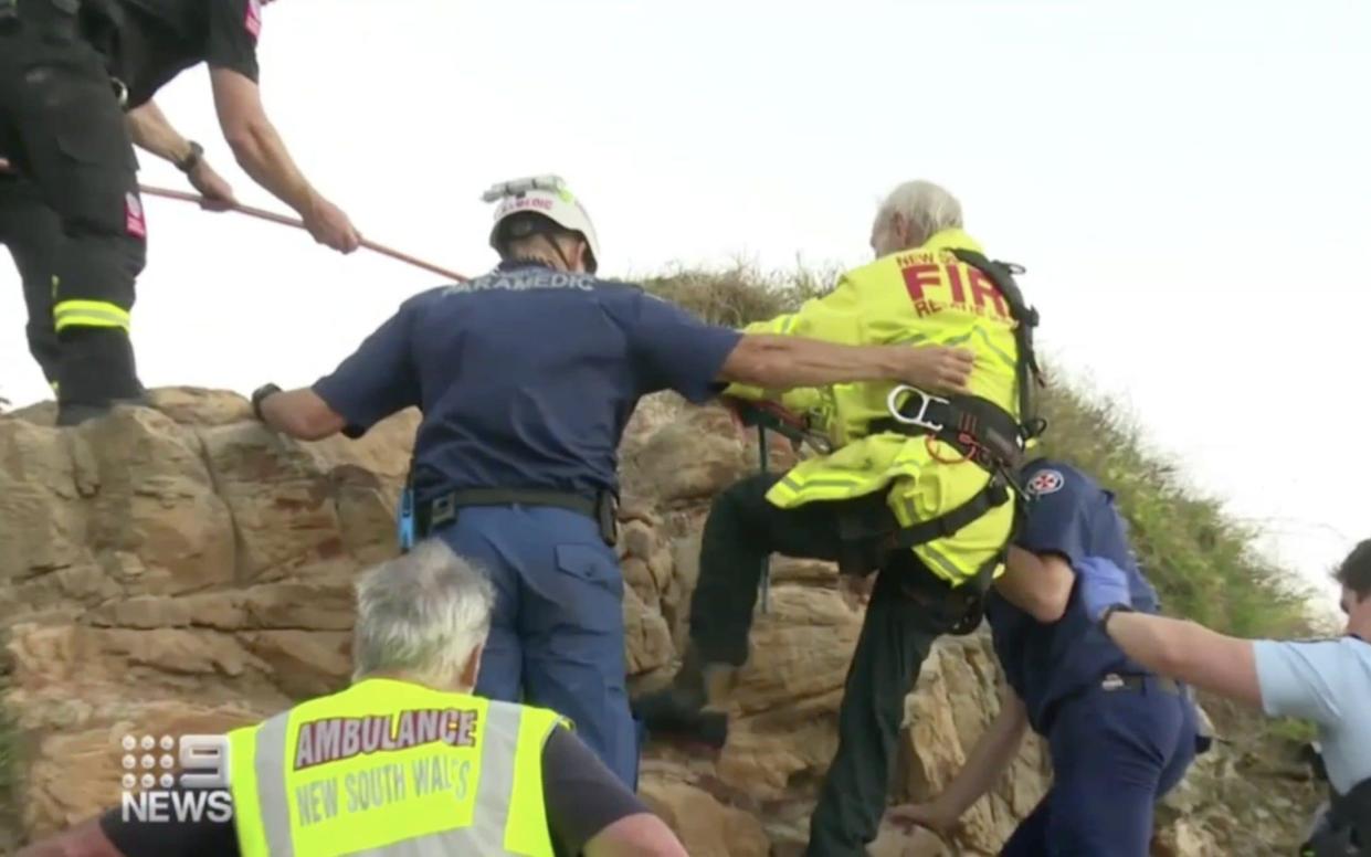 Rescuers help Jos Bots climb up - 9News