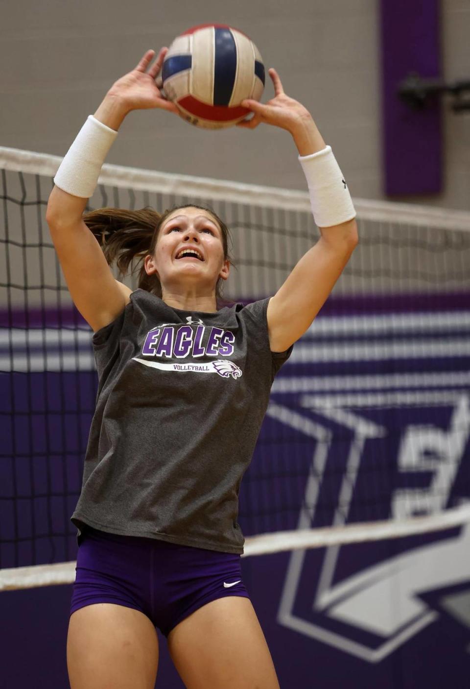 Crowley senior Jaden Polovina sets the ball during a drill at tryouts for the upcoming varsity volleyball team on Monday, August 1, 2022. Polovina has committed to playing volleyball at McPherson College in Kansas after graduation.