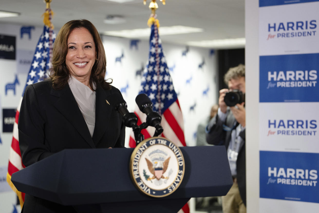 "Harris for President" signs were also seen at the event. (Erin Schaff/The New York Times via AP, Pool)