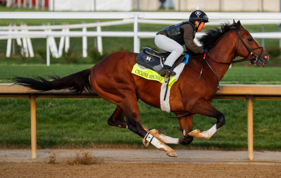 Kentucky Derby 149 contender Cyclone Mischief trains on Sunday. April 23 2023 at Churchill Downs.