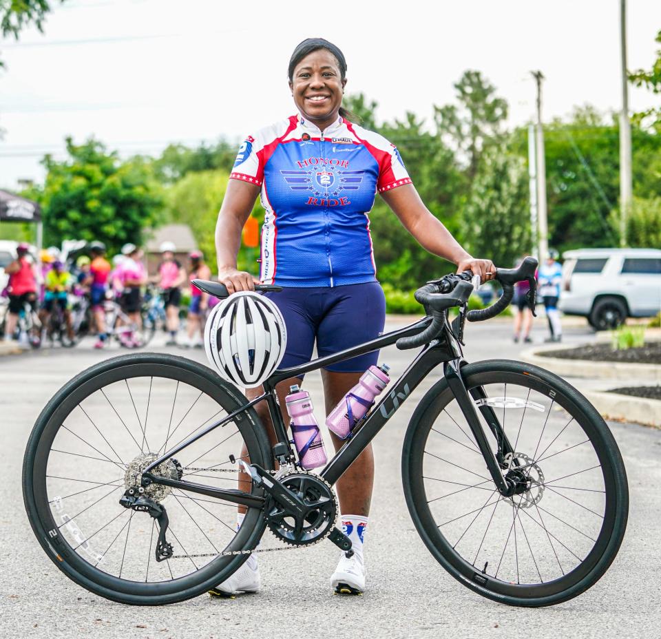Army Master Sergeant Michelle Smith is photographed just before a group ride with the IU Health Momentum Indy Divas cycling group on Thursday, July 16, 2023, in Carmel, Ind. 