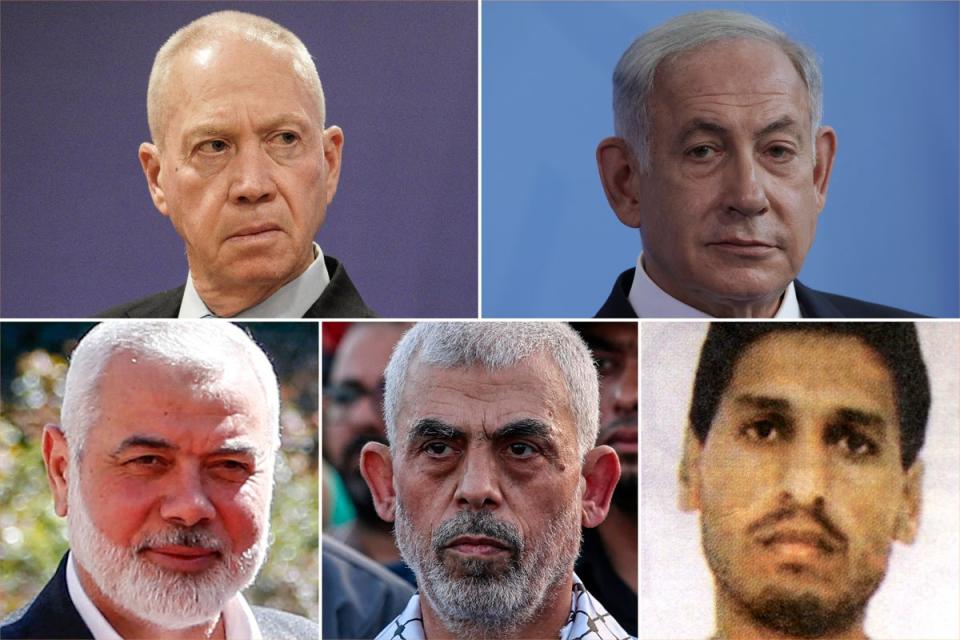 Top left to bottom right:  Yoav Gallant, Benjamin Netanyahu, Ismail Haniyeh, Yahya Sinwar and Mohammed Deif (Getty)