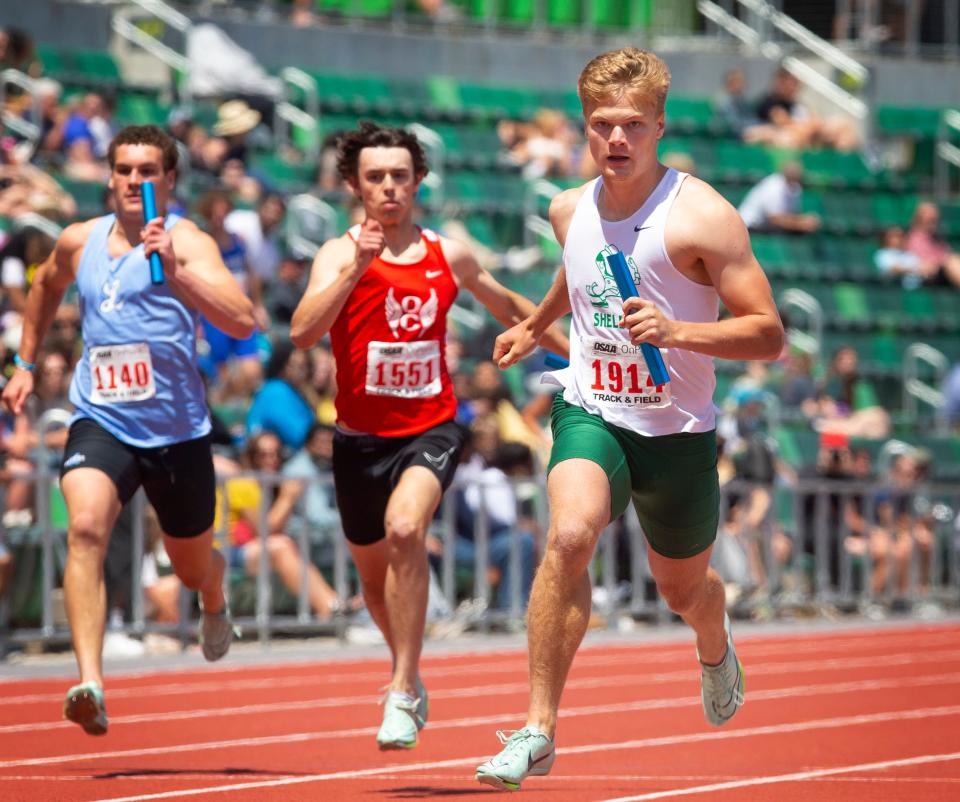 Sheldon's Brock Thomas runs the anchor leg of the 6A boys 4x100 meter relay to victory on the final day of the OSAA state track and field championships at Hayward Field in Eugene Saturday, May 27, 2023.