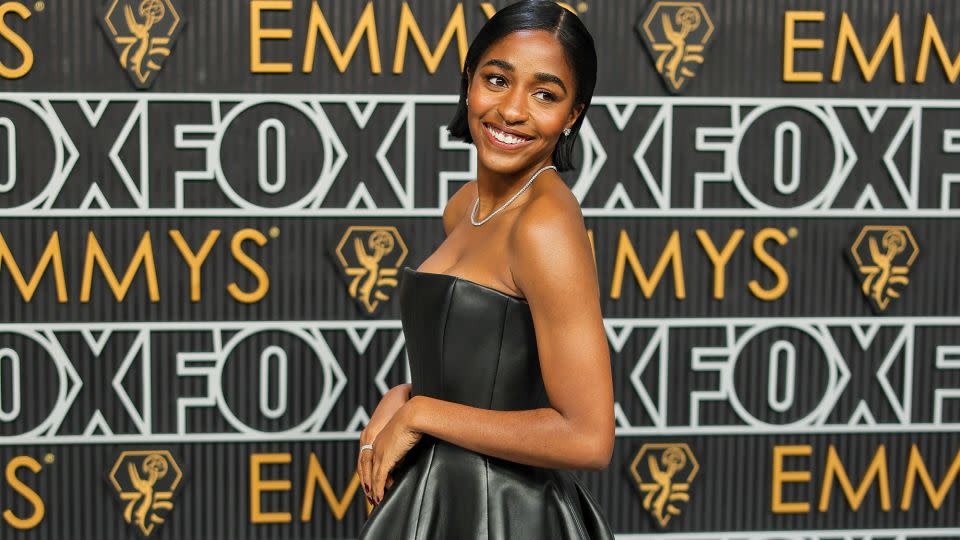 “The Bear” star Ayo Edebiri wore a custom black Louis Vuitton leather bustier gown. - Neilson Barnard/Getty Images