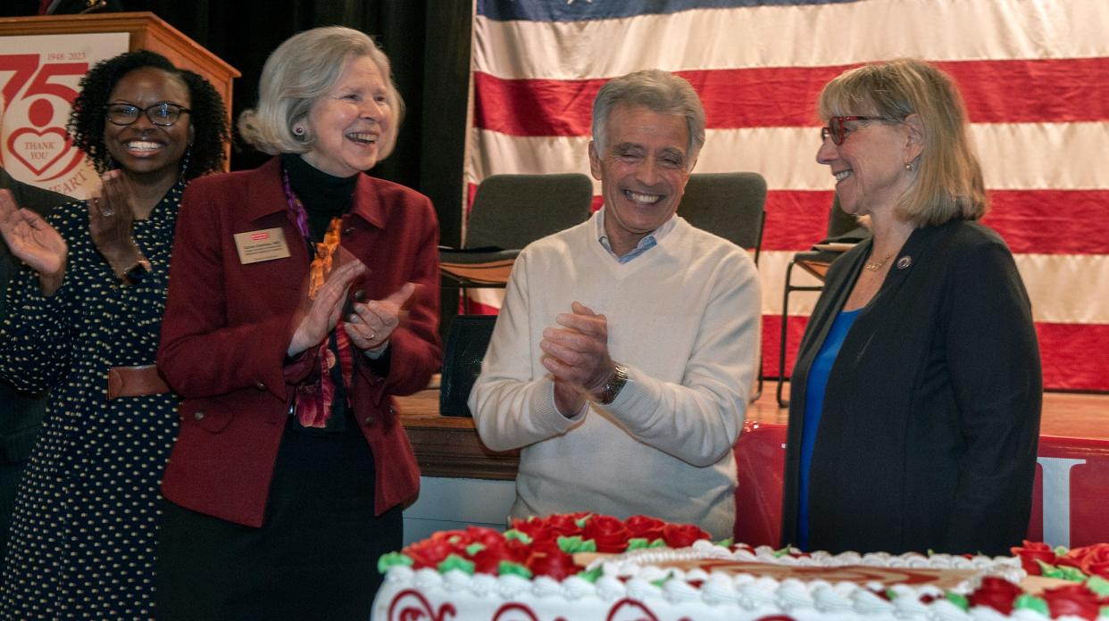 From left, Dr. April Carson, of the Jackson Heart Study University of Mississippi Medical Center; Dr. Karen Antman, dean of the Boston University Chobanian and Avedisian School of Medicine; Tom Grassia, Framingham Heart Study participant and chair of the Heart Study Ethics Advisory Board; and state Senate President Karen Spilka celebrate during the formal recognition of the 75th anniversary of the Framingham Heart Study at Nevins Hall in Framingham, April 8, 2024.