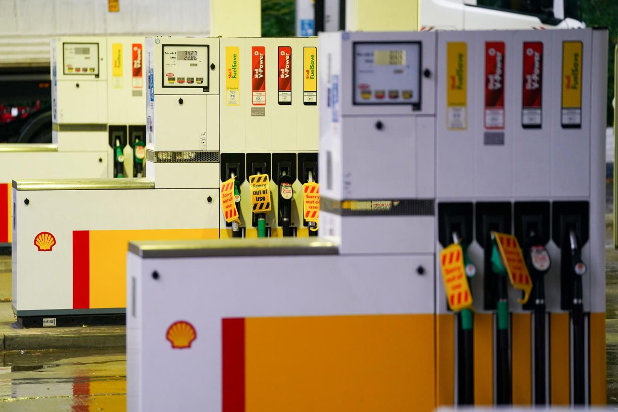 Fuel pumps out of use at a deserted Shell petrol station forecourt in Warwick. Picture date: Monday September 27, 2021.