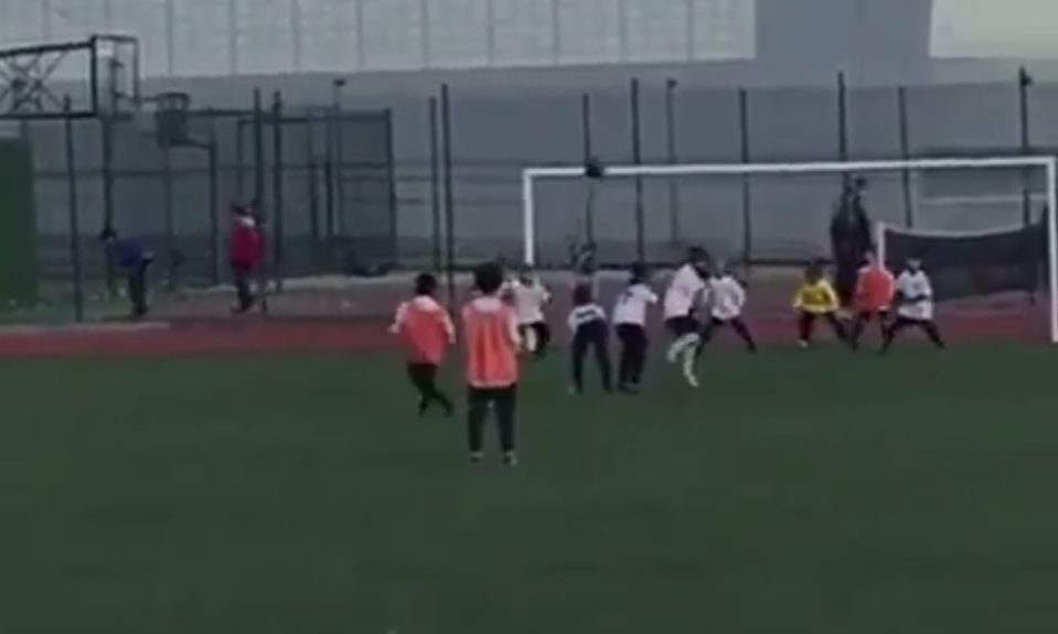 Cristiano Ronaldo Jr.’s free kick was captured by his father and posted on social media. (Screenshot: @Cristiano on Twitter)