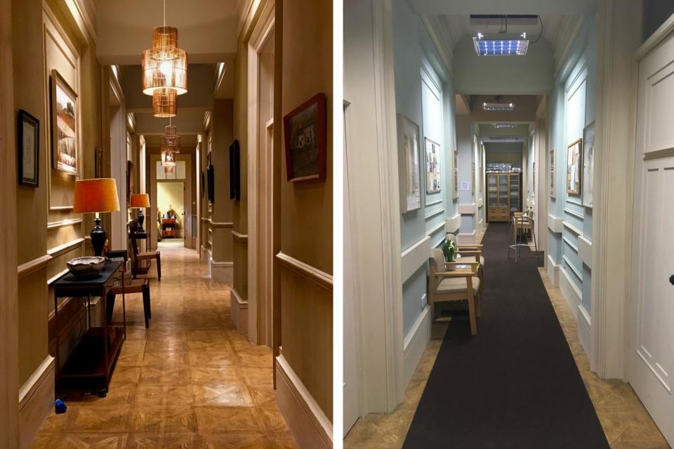 Side by side images show two hallways bearing similar architectural styles but with different decorative motifs