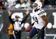 Danario Alexander #84 of the San Diego Chargers celebrates a touchdown against the New York Jets at MetLife Stadium on December 23, 2012 in East Rutherford, New Jersey. (Photo by Jeff Zelevansky /Getty Images)