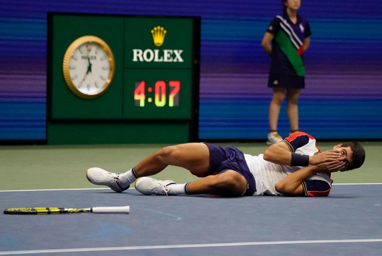 Spain's Carlos Alcaraz celebrates after beating Stefanos Tsitsipas at the 2021 US Open