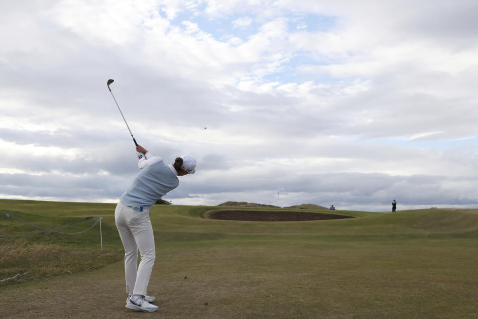 South Korea's In Gee chun play her shoton to the 12th green during the final round of the Women's British Open golf championship, in Muirfield, Scotland Sunday, Aug. 7, 2022. (AP Photo/Scott Heppell)