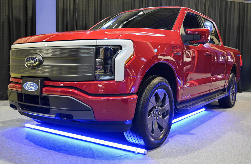 A 2024 Ford F-150 Lightning electric pickup truck during the Montreal Electric Vehicle Show in Montreal, Quebec, Canada, on April 19, 2024.  / Credit: Graham Hughes of Bloomberg via Getty Images