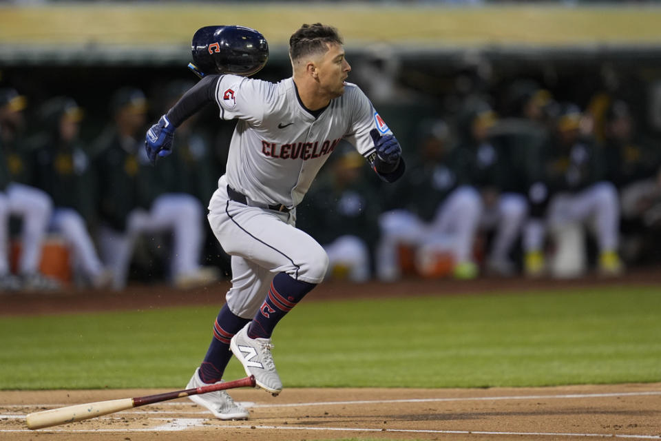 Cleveland Guardians’ Tyler Freeman watches his RBI double against the Oakland Athletics during the second inning of a baseball game Thursday, March 28, 2024, in Oakland, Calif. (AP Photo/Godofredo A. Vásquez)