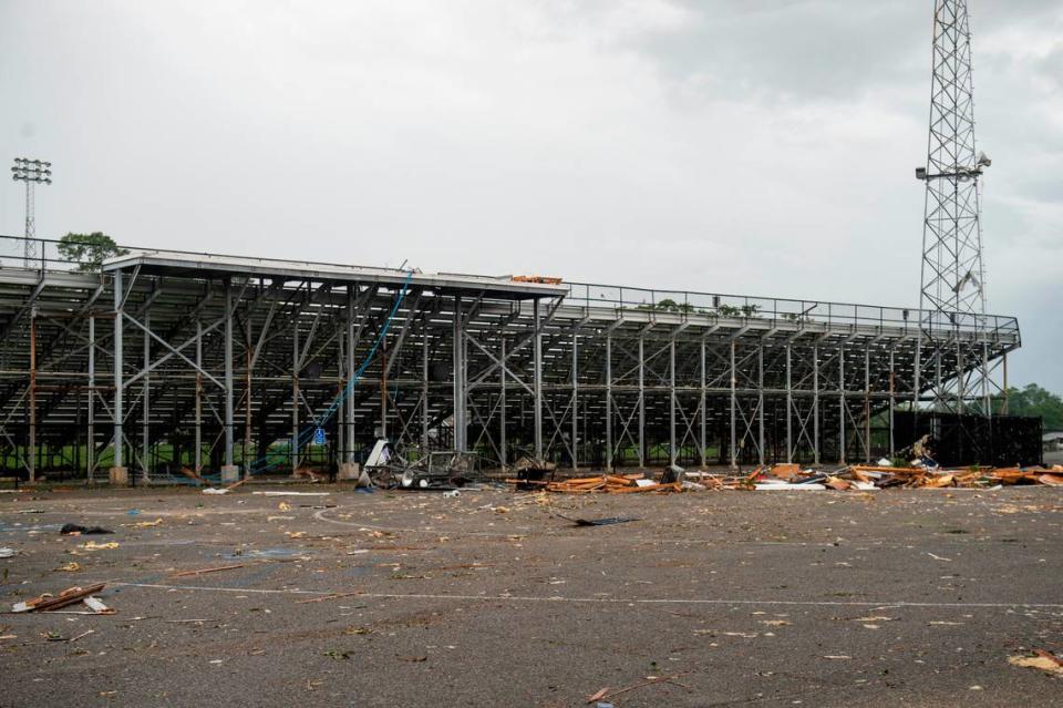 Damage to Dantzler Stadium in Moss Point on Tuesday, June 20, 2023 after a tornado that struck the town Wednesday destroyed the press box at the stadium.