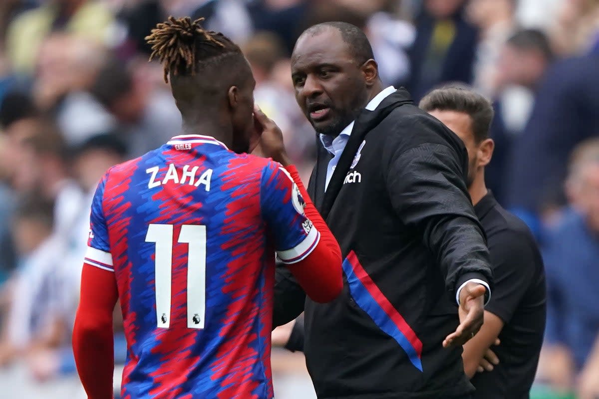 Crystal Palace manager Patrick Vieira (right) feels Wilfried Zaha knows just how well thought of he is at Selhurst Park (Owen Humphreys/PA) (PA Wire)