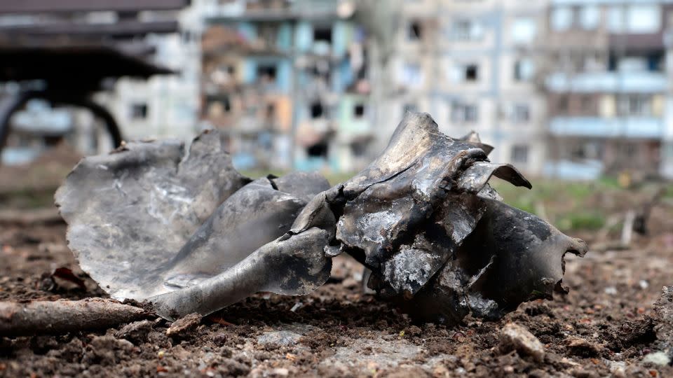 Rocket debris is scattered by a strike near a residential building in Zaporizhzhia. - Kateryna Klochko/EPA-EFE/Shutterstock