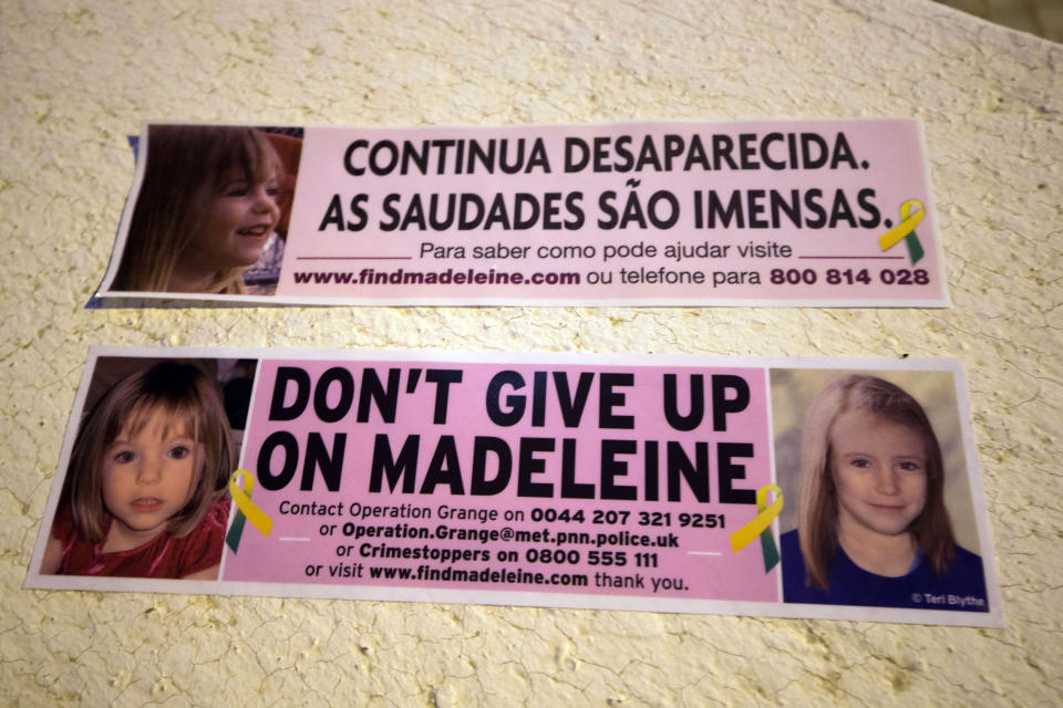 Car bumper stickers raising awareness of Madeleine McCann are handed out inside the Church of Nossa Senhora da Luz in Praia Da Luz, Portugal, where a special service was held to mark the 10th anniversary of her disappearance.