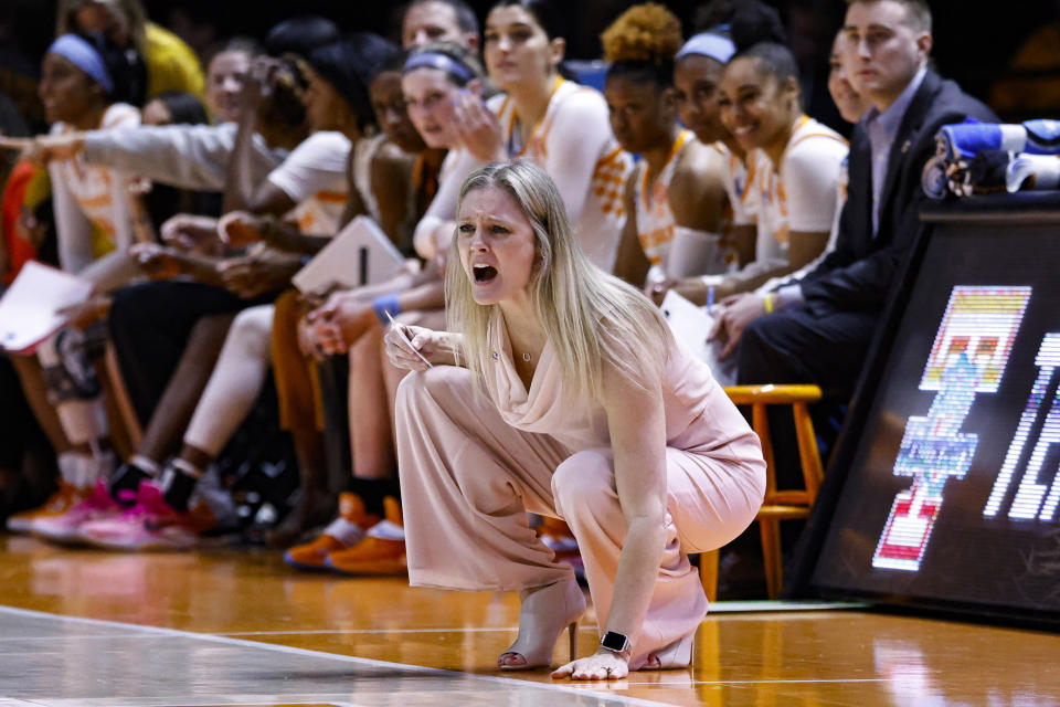 Tennessee head coach Kellie Harper yells to her players in the second half of a first-round college basketball game against Saint Louis in the NCAA Tournament, Saturday, March 18, 2023, in Knoxville, Tenn. (AP Photo/Wade Payne)
