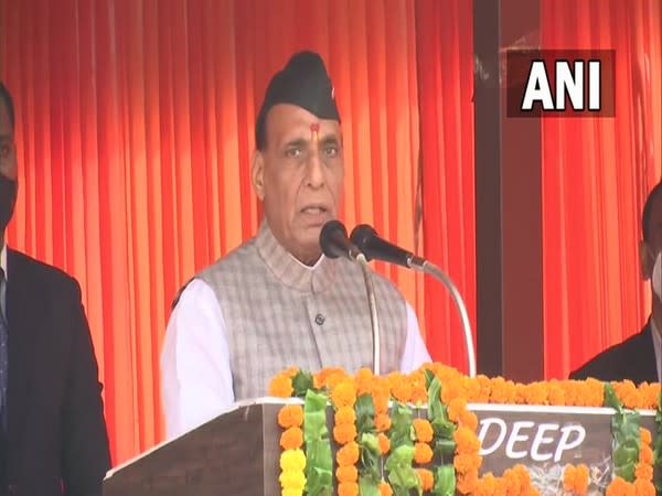 Defence Minister Rajnath Singh at unveiling of statue of prominent freedom fighter Vir Chandra Singh Gharwali in Pauri, Uttarakhand (Photo/ANI)