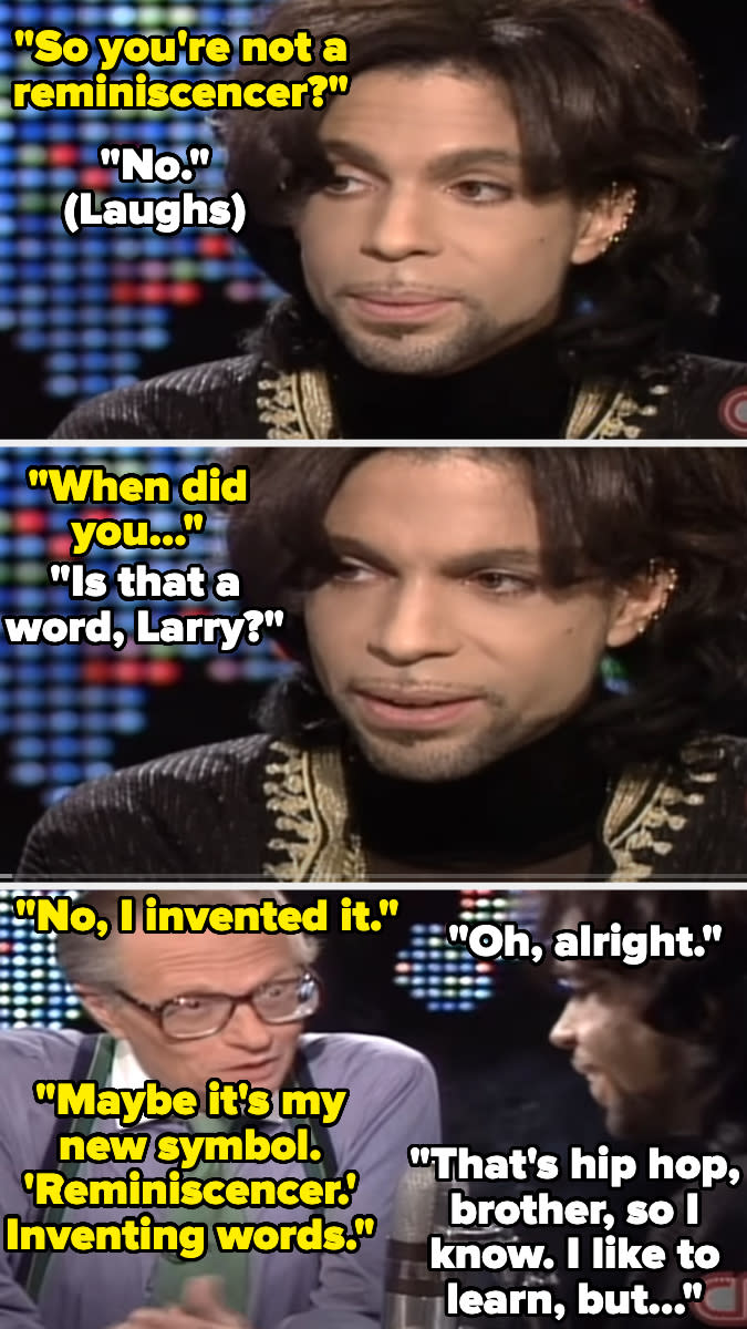 Prince and Larry King discussing the word "reminiscencer" on a talk show, with Prince laughing and commenting on his inventive use of language