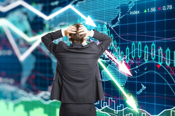 A person in a suit with their hands on the back of their head watching a stock chart go lower.