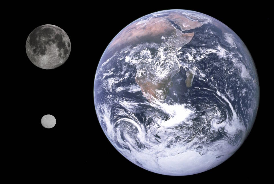 A comparison of the size differences between Earth, the moon and asteroid Ceres.