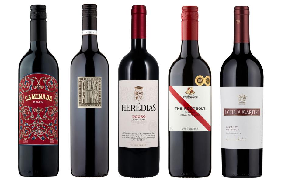 From left: Caminada malbec; The Black shiraz; Carlos Lucas Heredias tinto; D’Arenberg The Footbolt shiraz; Louis M. Martini cabernet sauvignon