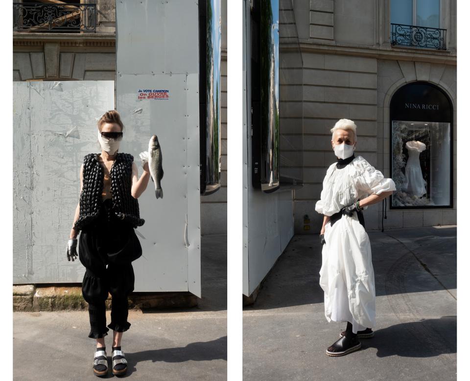Wearing Balenciaga by Nicolas Ghesquière, Tao and Ambush in front of the Nina Ricci store.