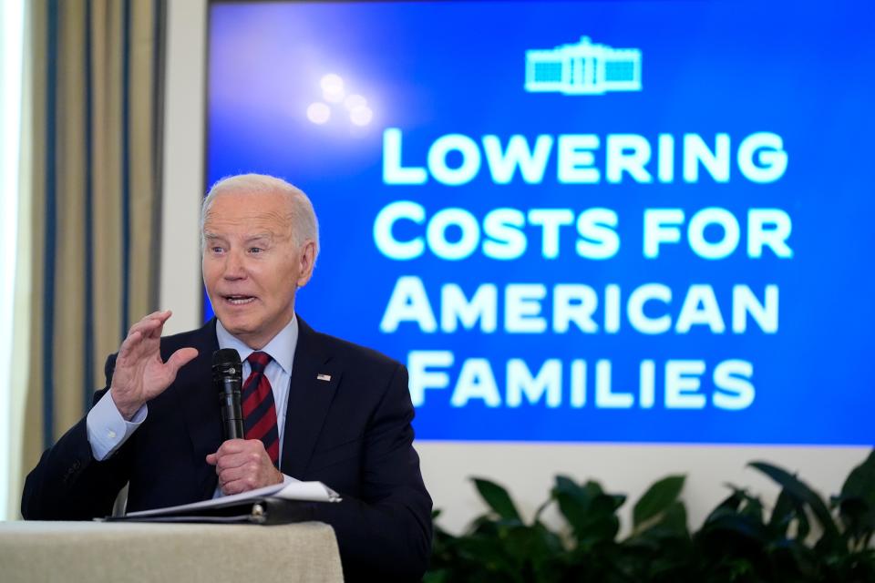 President Joe Biden speaks during a meeting of his Competition Council to announce new actions to lower costs for families in the State Dining Room of the White House in Washington, Tuesday, March 5, 2024.